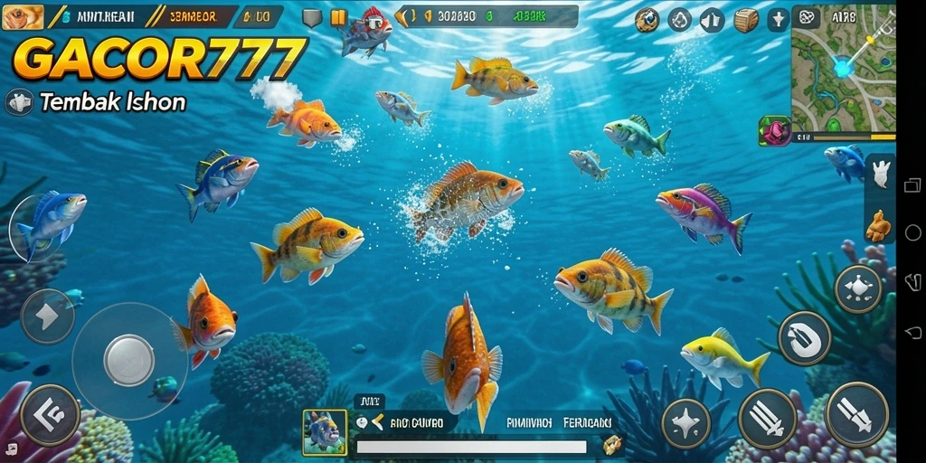 Screenshot GACOR777 menampilkan pemain yang sedang menembak ikan dengan senjata canggih.