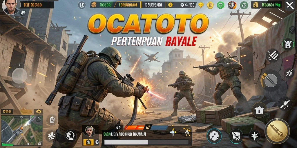 Tangkapan layar utama OCATOTO menampilkan aksi pertempuran Battle Royale yang mendebarkan.